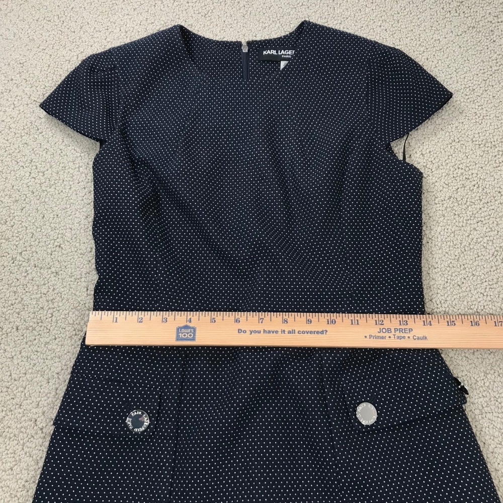 Karl Lagerfeld Paris Navy Polka Dot Cap Sleeve Sheath Dress Size 4 Button Pocket - Picture 7 of 8